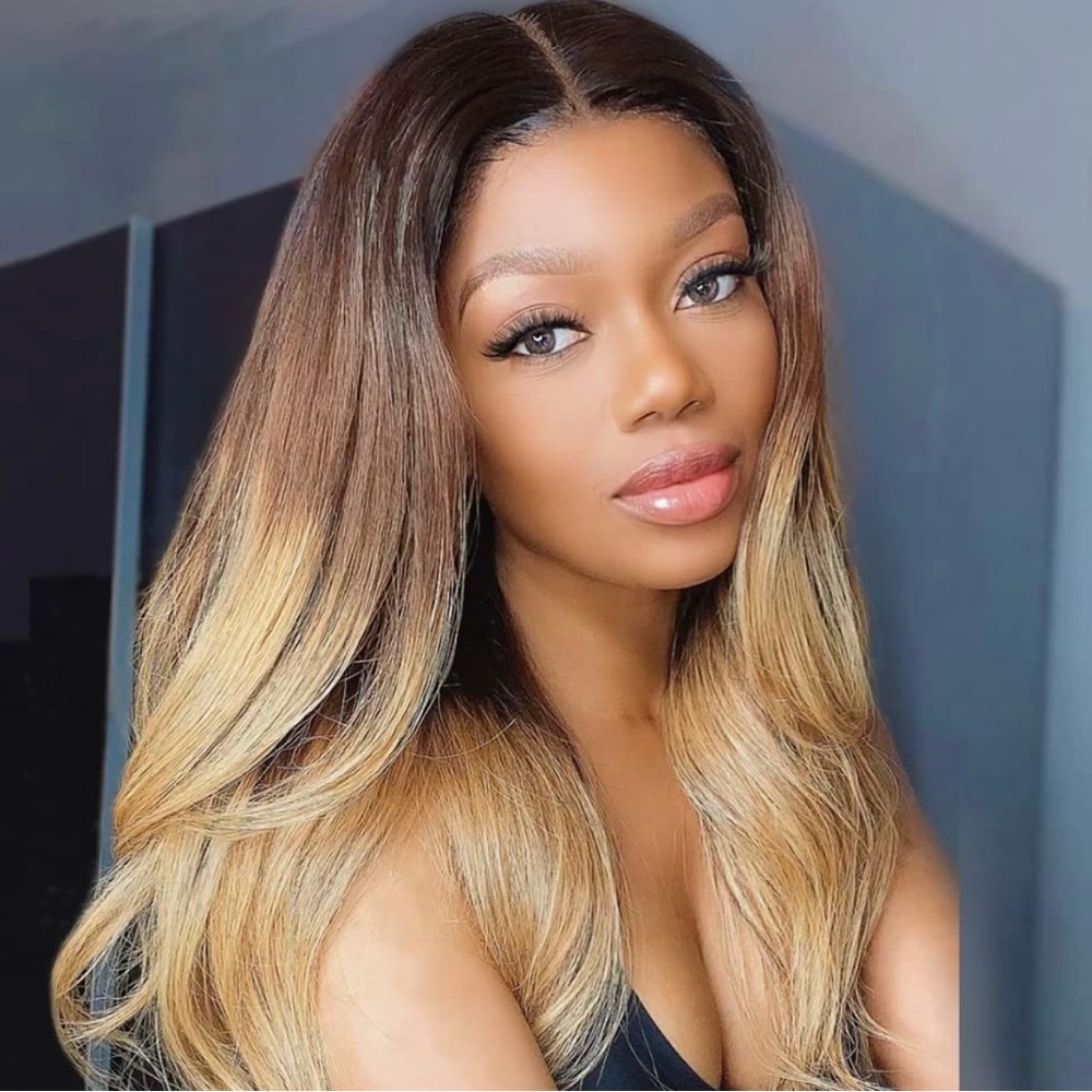 Human hair blend lace front blonde ombré free part wig